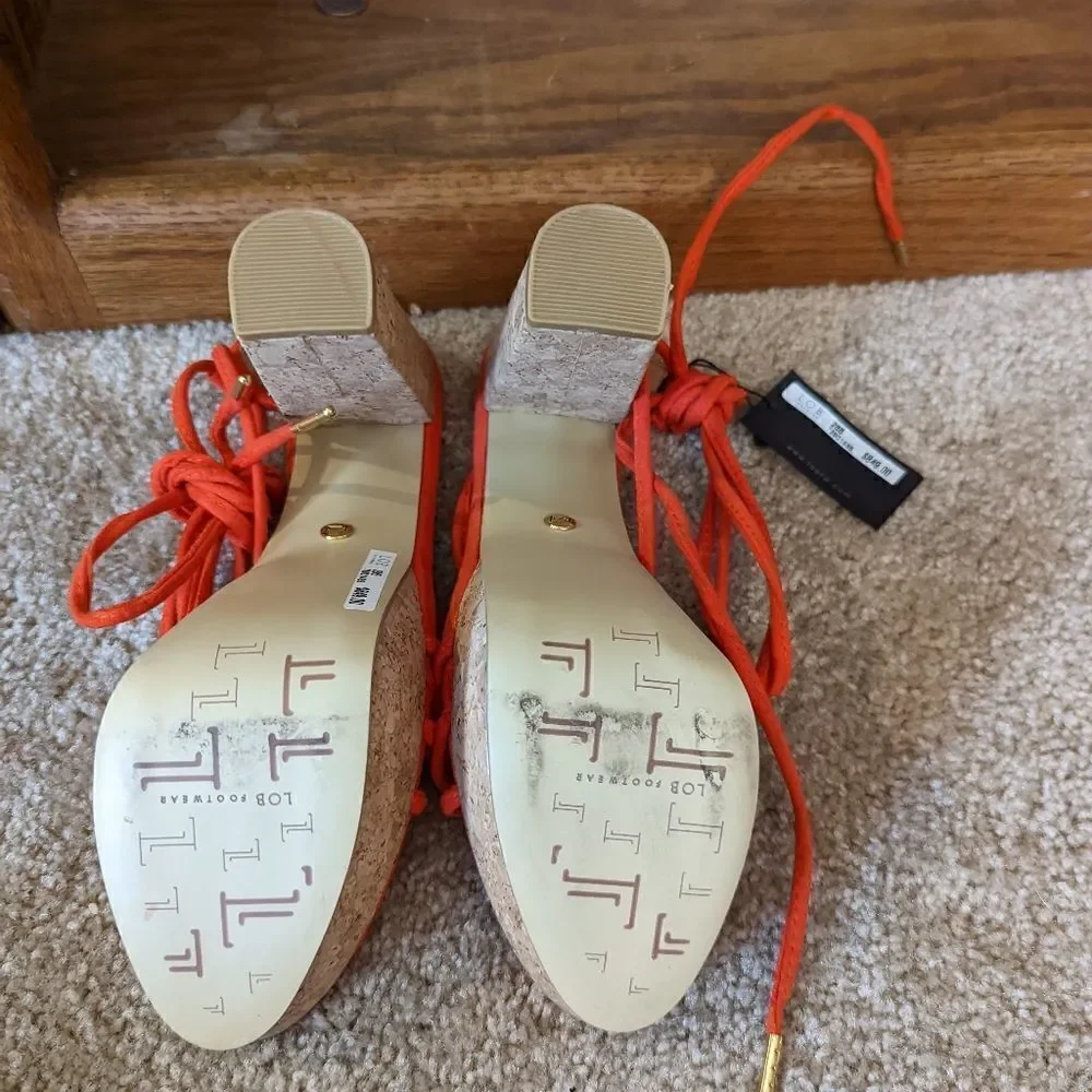 𝅺lob footwear orange suede gladiator laces sz 7.5 cork platform heels nwt